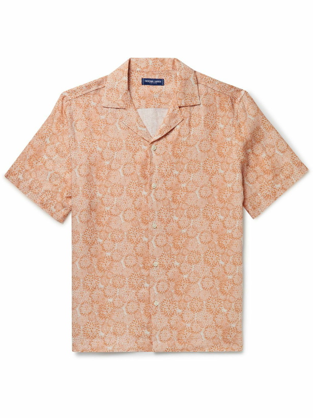 Photo: Frescobol Carioca - Roberto Camp-Collar Printed Linen Shirt - Orange