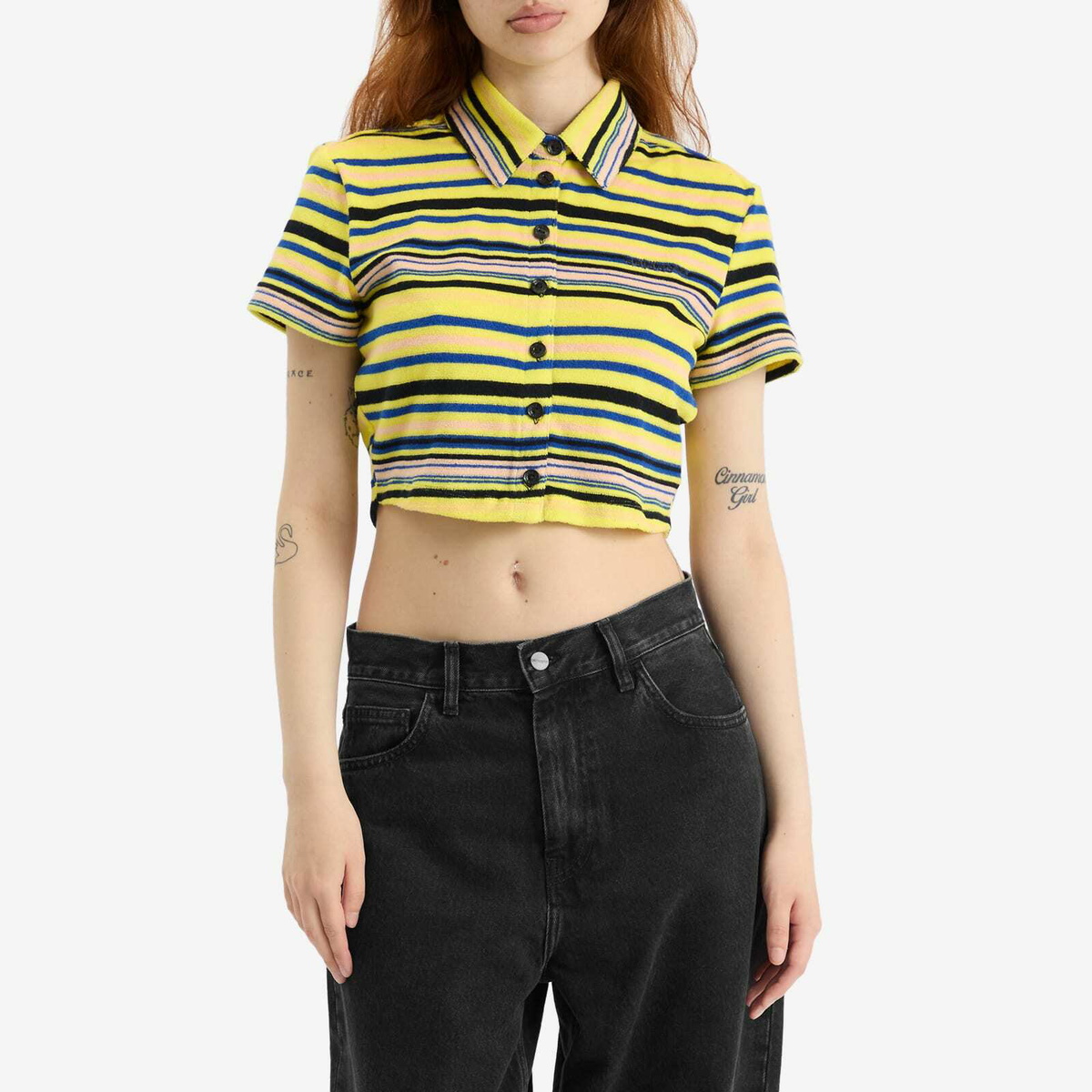 Adidas Women's Towel Button-Up T-Shirt in Pure Sulfur/Blue/Black/Pink