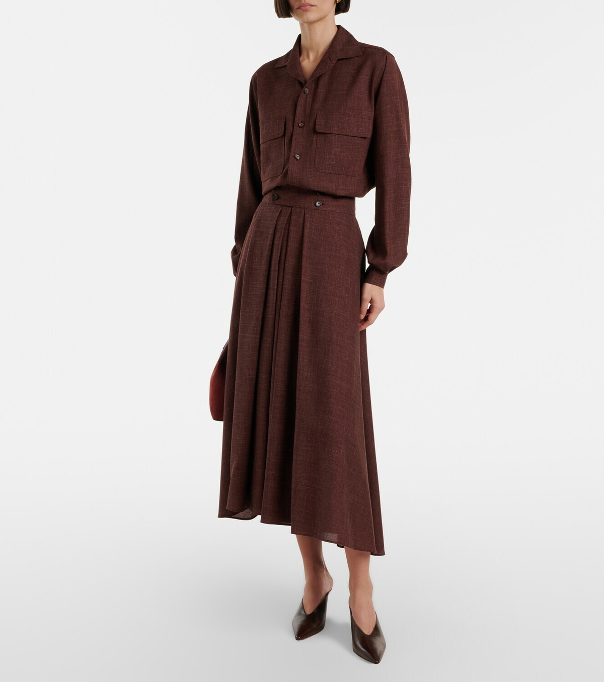 Loro Piana Petra pleated wool, silk, and linen midi skirt