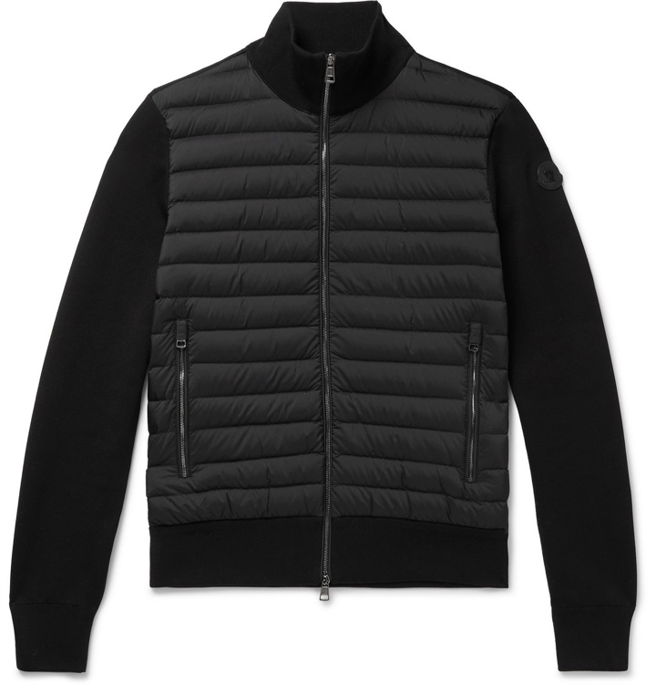 Photo: Moncler - Slim-Fit Panelled Cotton-Blend and Quilted Shell Down Zip-Up Sweater - Black