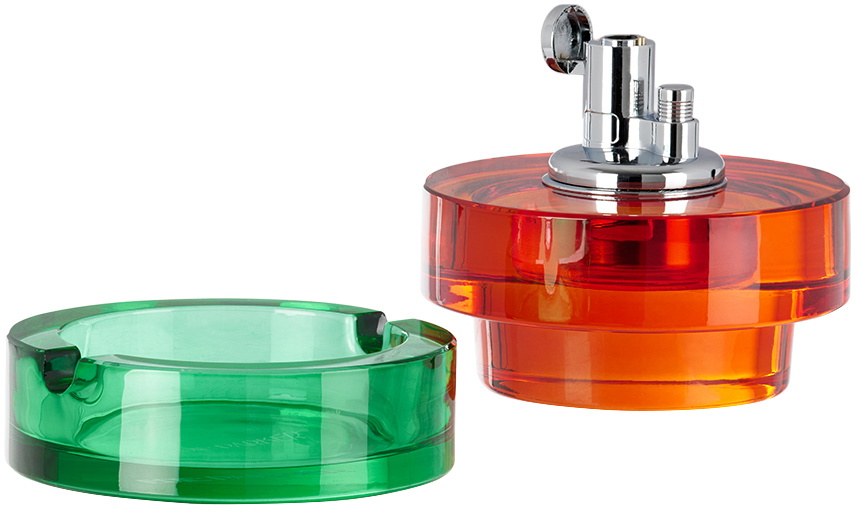 Edie Parker Orange & Green Glass Ashtray Tabletop Lighter