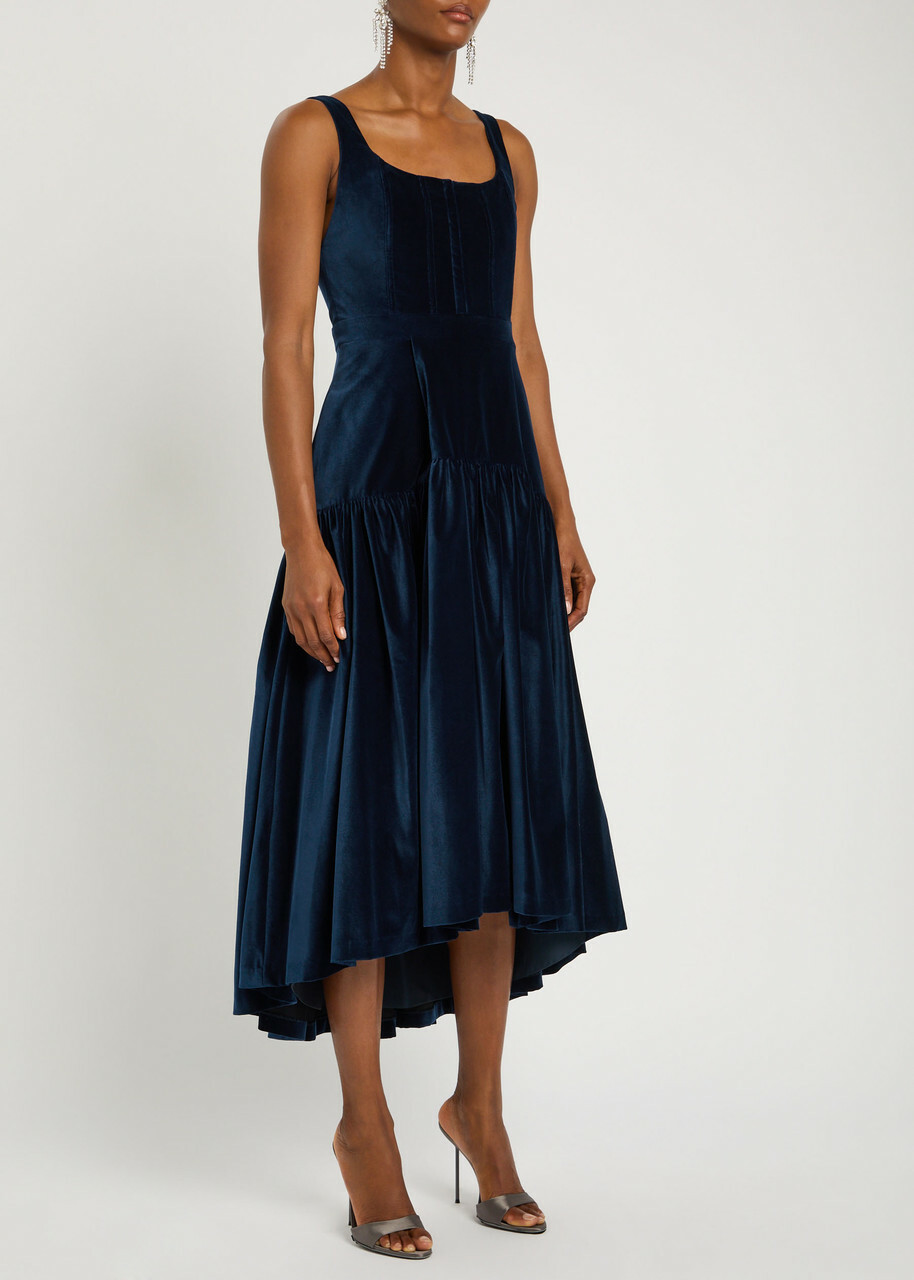 Alice + Olivia Diana Structured Velvet Midi Dress Dark Blue