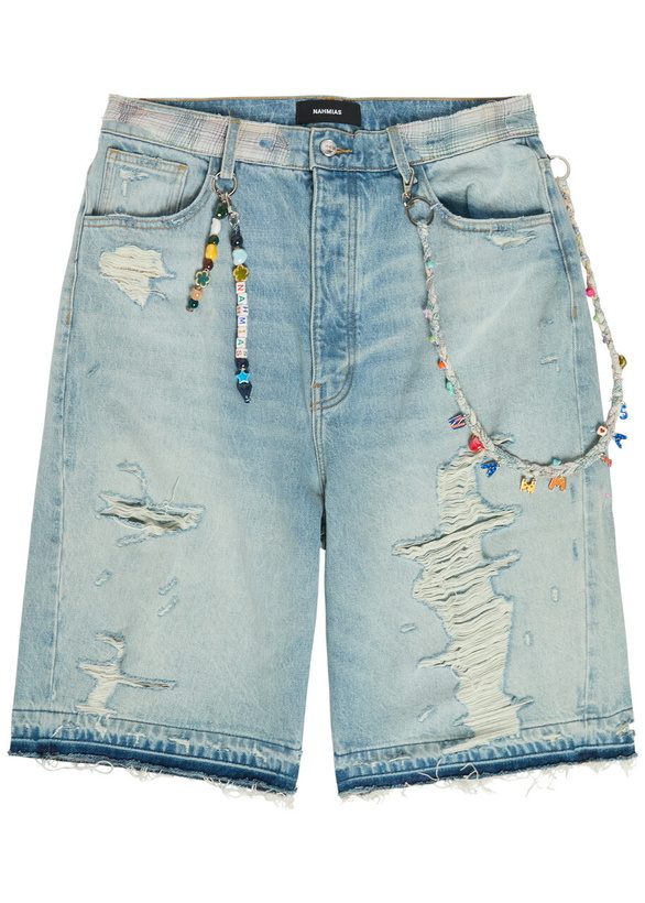 Photo: Nahmias Beaded Distressed Denim Shorts Blue