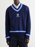 Polo Ralph Lauren - Wimbledon Logo-Embroidered Cable-Knit Cotton-Blend Fleece Sweater - Blue