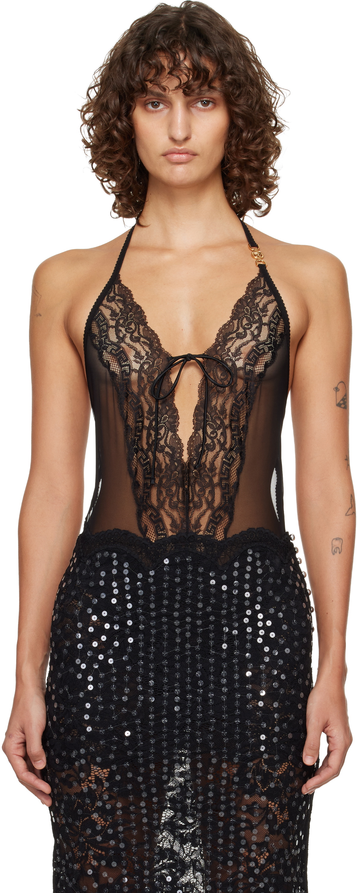 Versace Black Embroidered Lace-Trim Bodysuit