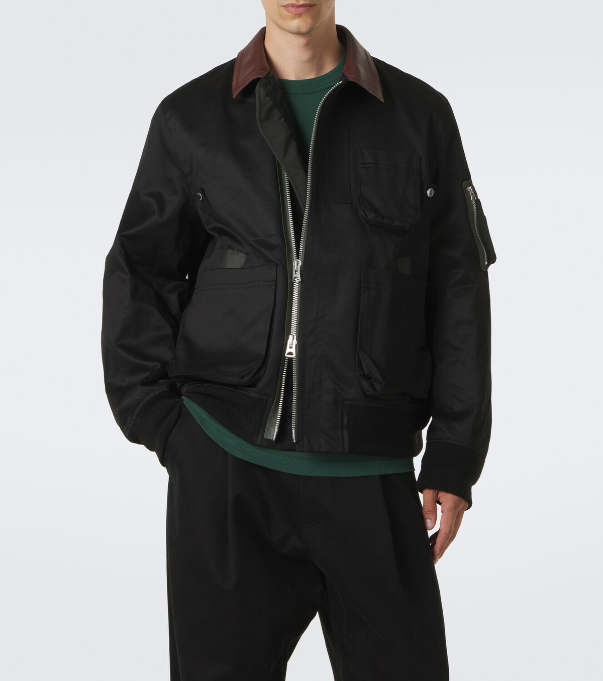 Sacai Leather-trimmed cotton blouson jacket