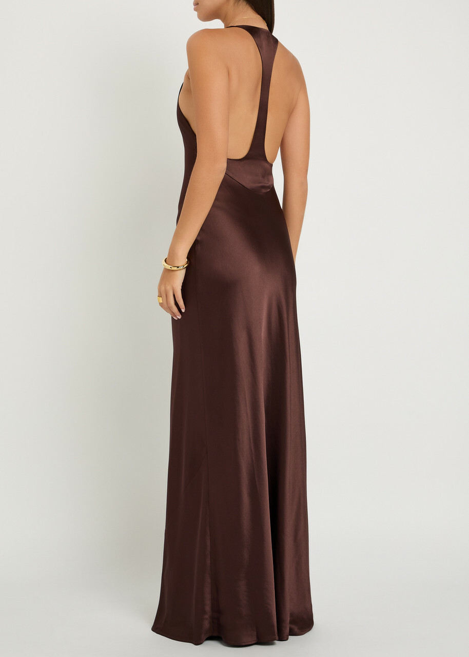 Staud Juanita Satin Maxi Dress Brown