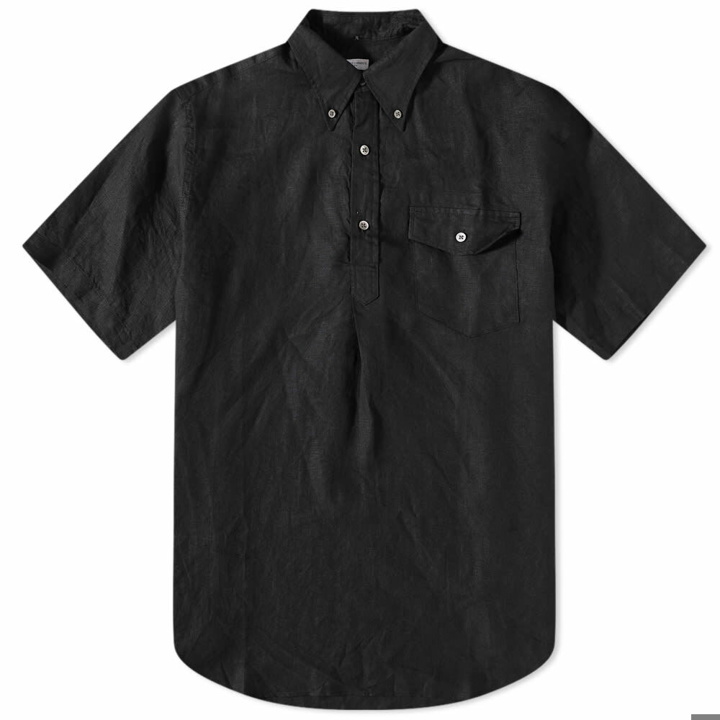 Photo: Engineered Garments Men's Popover Button Down Short Sleeve Shirt in Black Handkerchief Linen