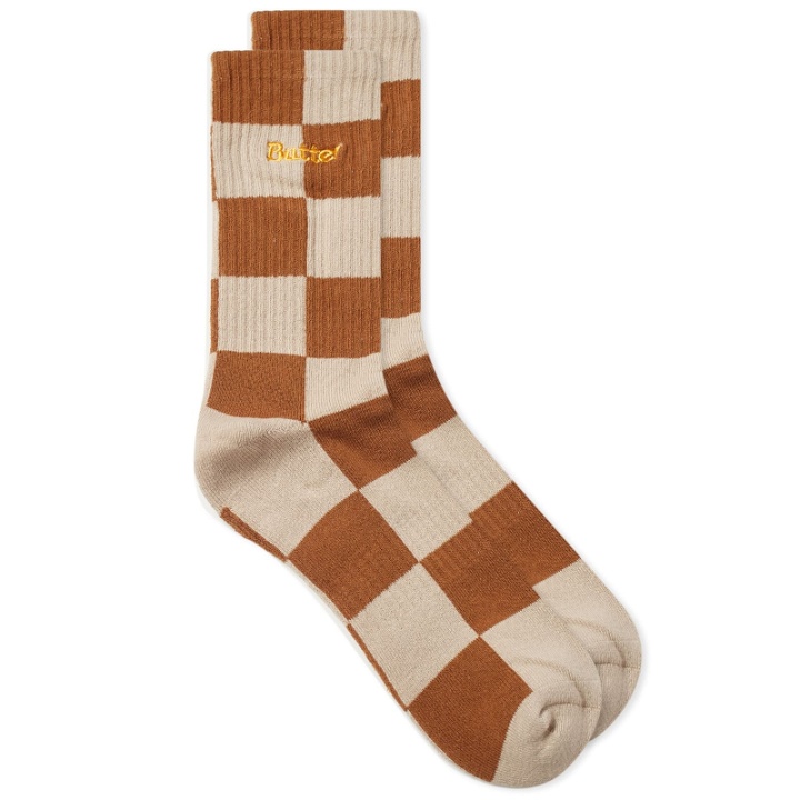 Photo: Butter Goods Men's Chequered Socks in Sand/Brown