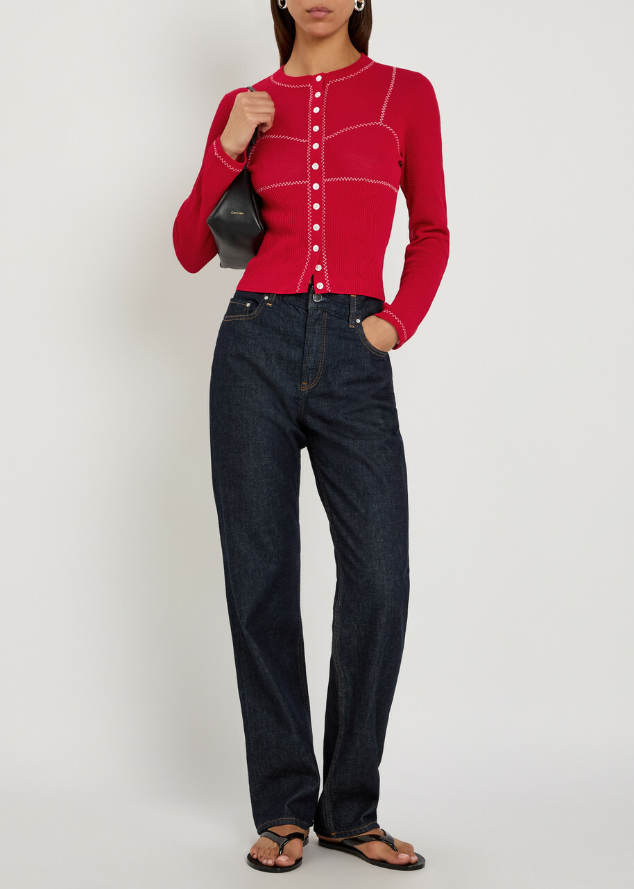 Tory Burch Embroidered Fine-knit Cardigan Red And White