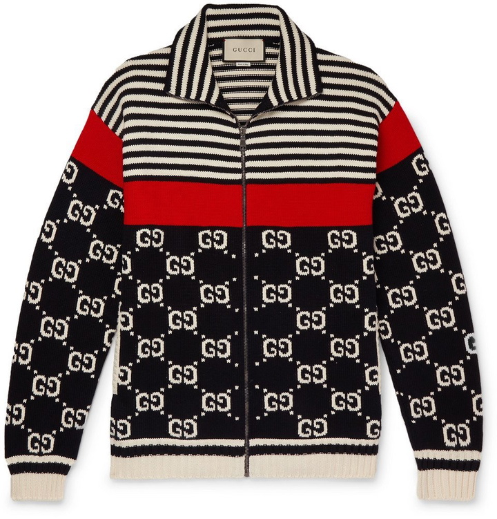 Photo: Gucci - Logo-Intarsia Striped Cotton Zip-Up Sweater - Men - Navy