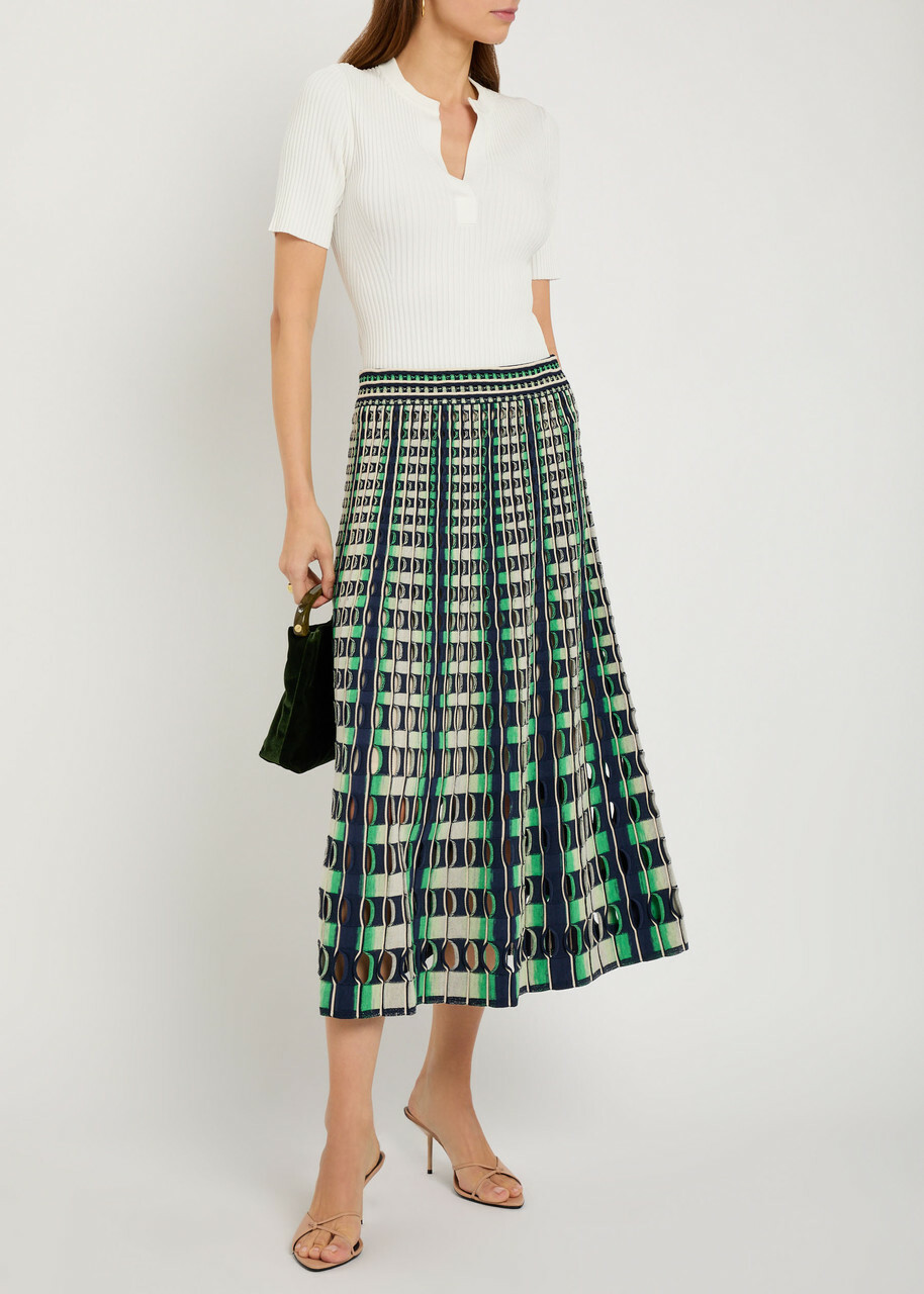Simkhai Drue Textured Gingham Knit Midi Skirt Navy
