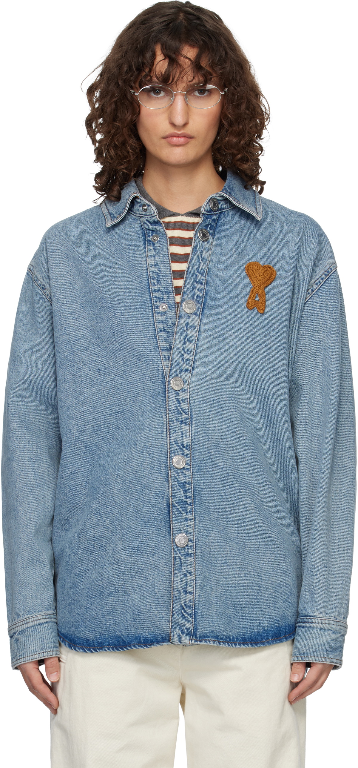 AMI Paris Blue Cotton Knitted Ami de Coeur Denim Overshirt