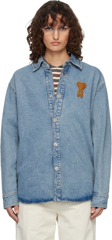 Photo: AMI Paris Blue Cotton Knitted Ami de Coeur Denim Overshirt