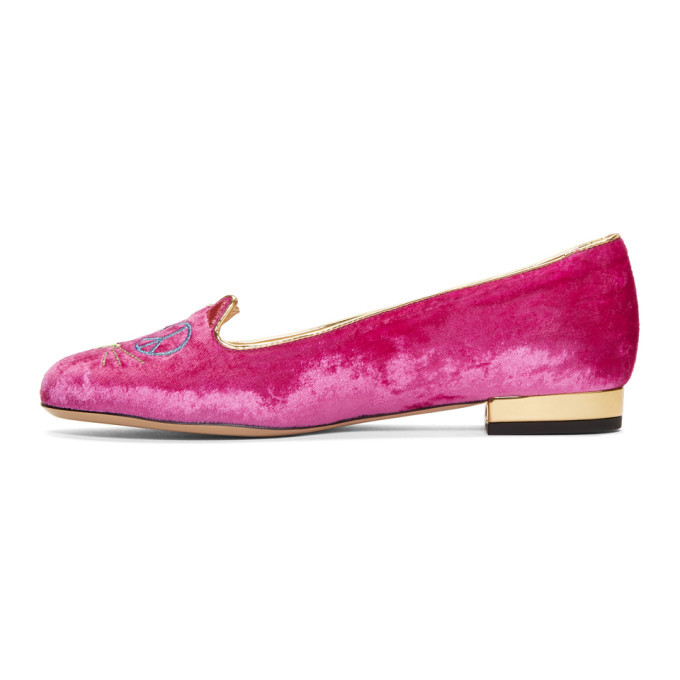 Charlotte Olympia Pink Velvet Peaceful Kitty Loafers