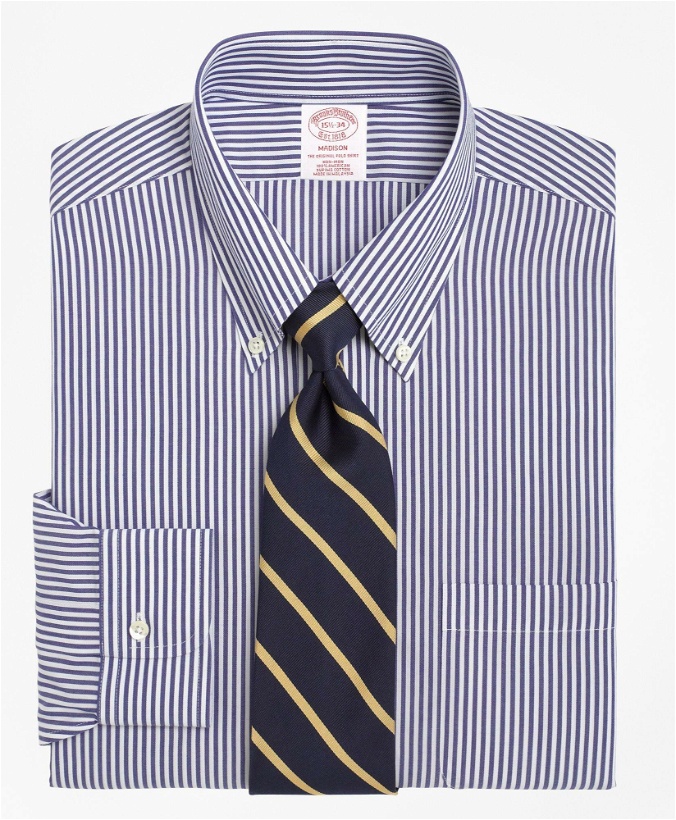 Photo: Brooks Brothers Men's Madison Relaxed-Fit Dress Shirt, Non-Iron Bengal Stripe | Dark Blue