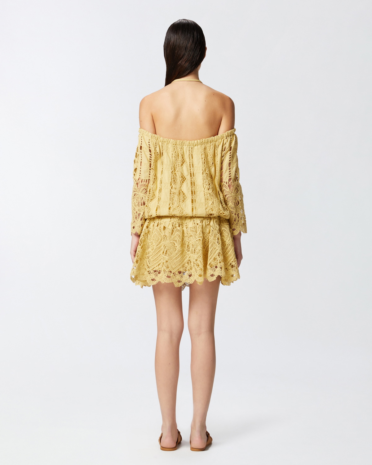 Pinko Open Shoulder Mini Dress With Openwork Rattan Yellow Pinko