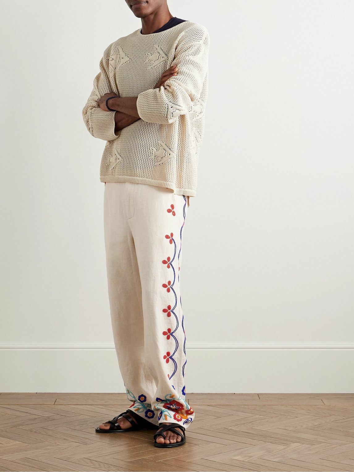 BODE - Garden Party Straight-Leg Bead-Embellished Linen Trousers - Neutrals