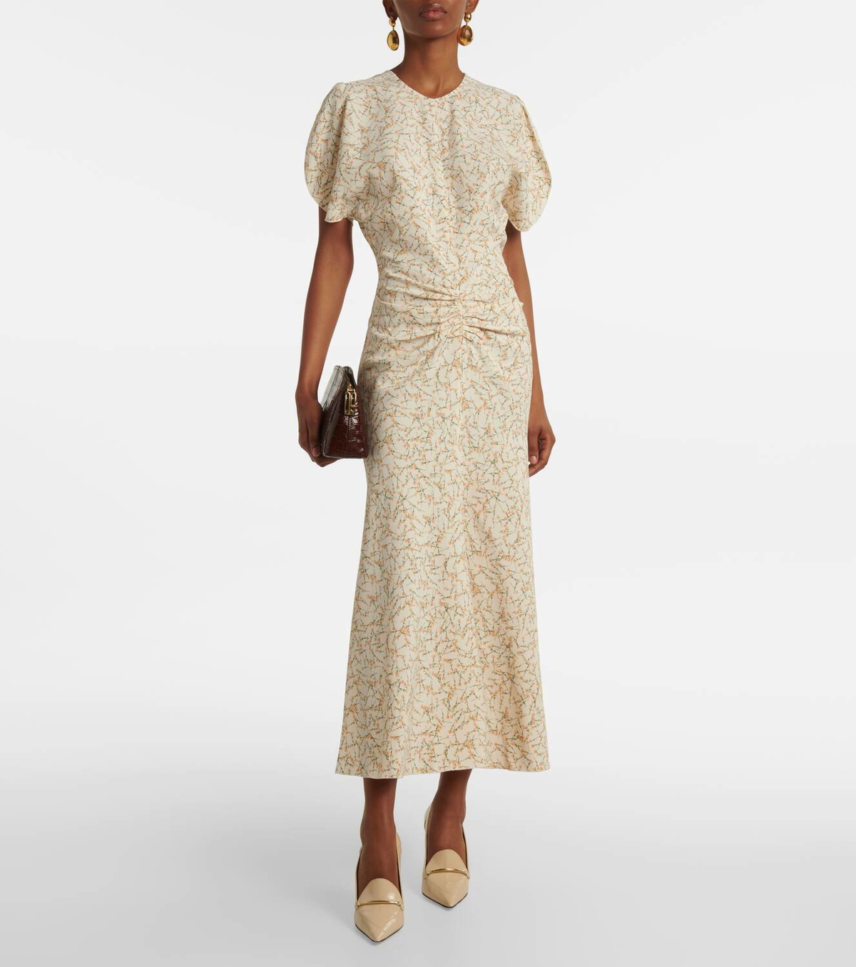 【VICTORIA BECKHAM】Gathered floral-print crepe midi dress VICTORIA BECKHAM Gathered floral-print crepe midi dress