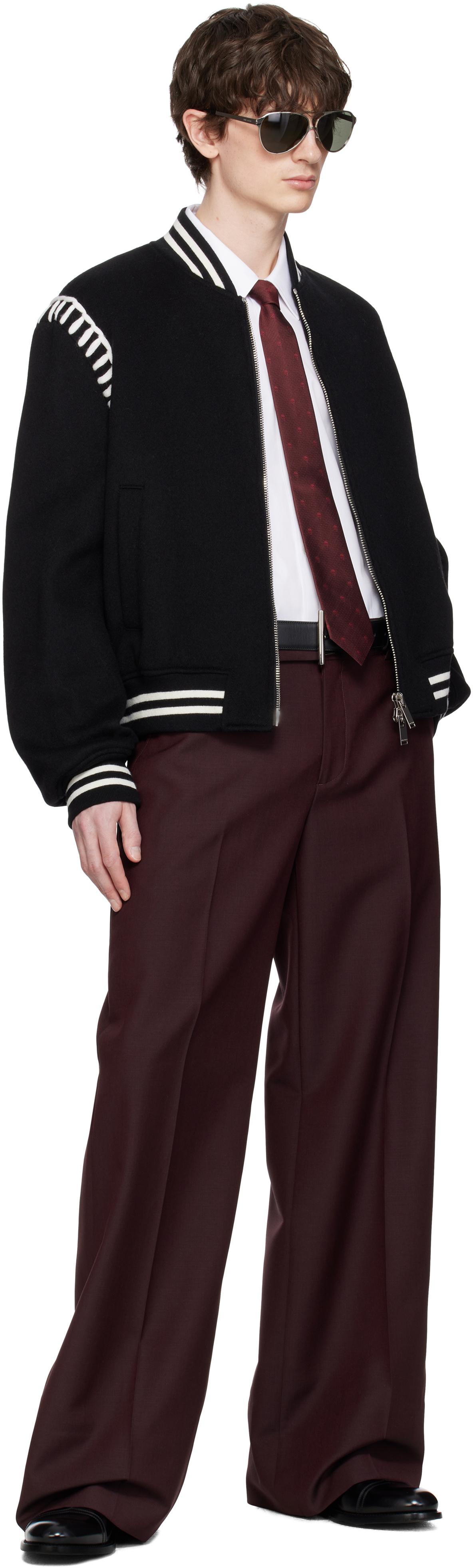 McQueen Black Felt Blanket Stitch Bomber Jacket