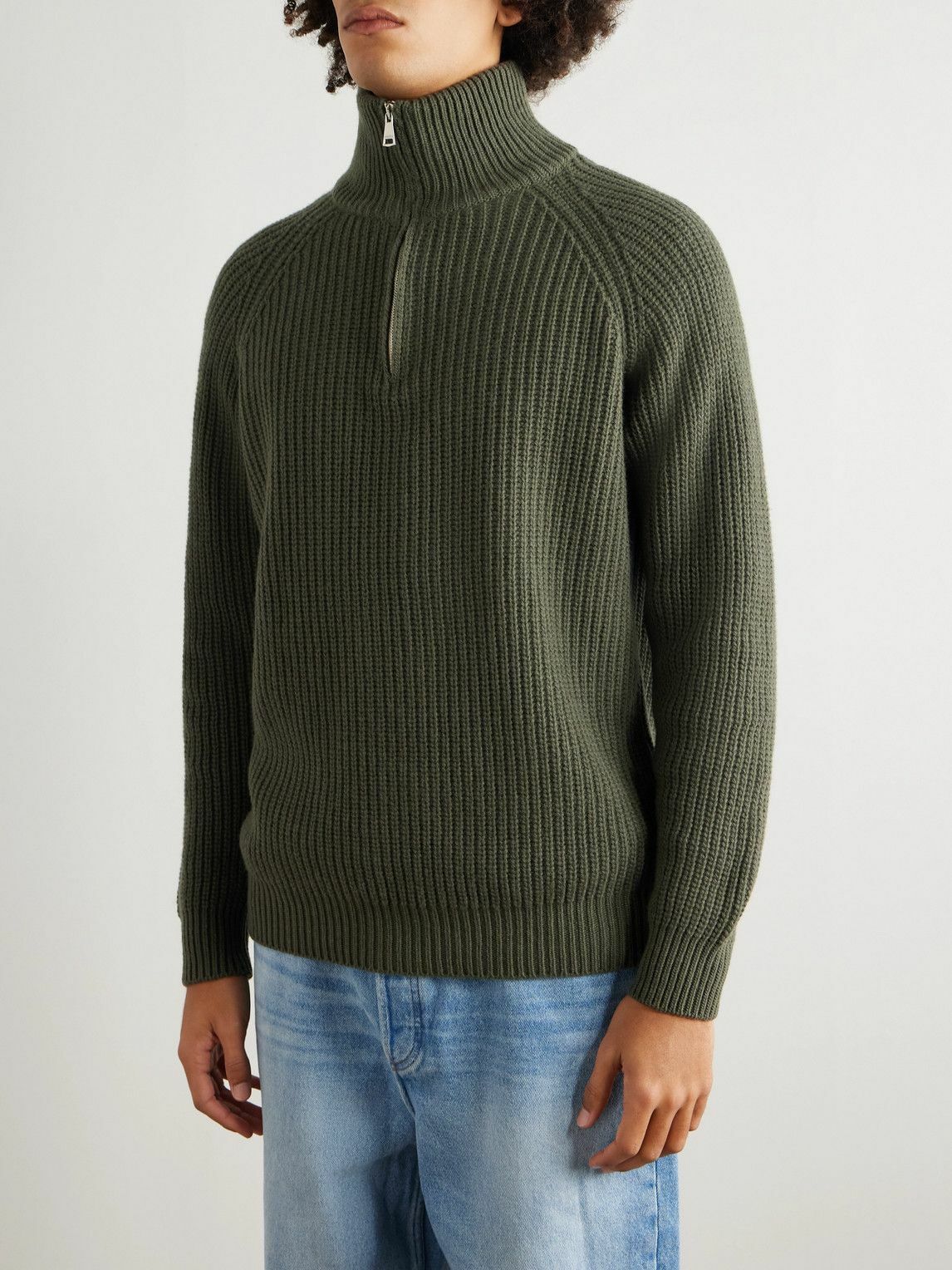 Ghiaia Cashmere - Ribbed Wool Half-Zip Sweater - Green