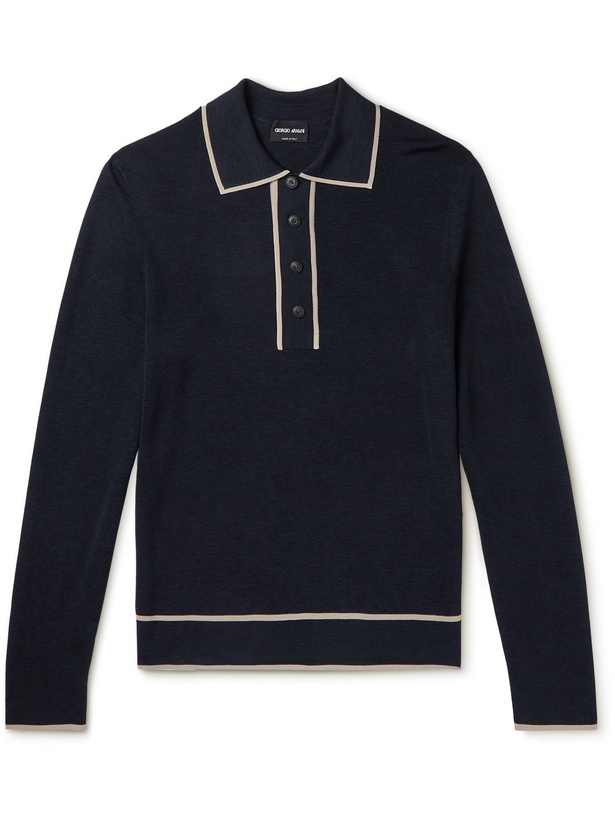 Photo: GIORGIO ARMANI - Contrast-Tipped Knitted Polo Shirt - Blue - IT 50