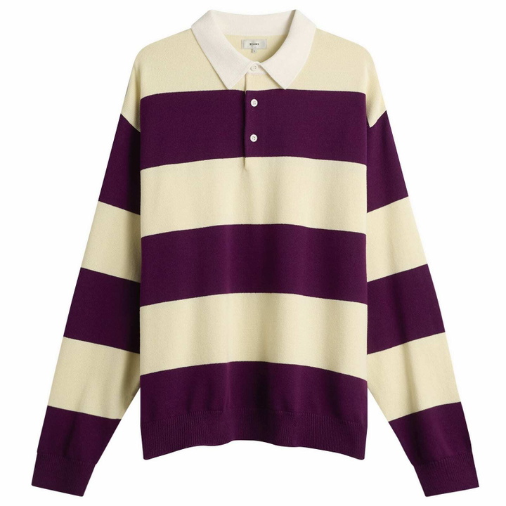 Photo: BEAMS Men's 7 Gauge Stripe Knit Rugby Shirt in Purple