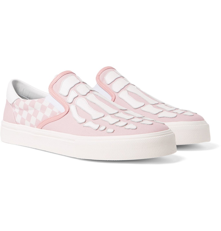 Photo: AMIRI - Skel Toe Leather-Appliquéd Checked Canvas Slip-On Sneakers - Pink