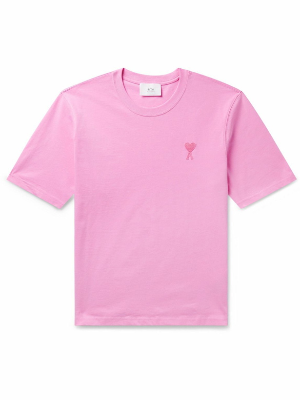 Photo: AMI PARIS - Logo-Embroidered Cotton-Jersey T-Shirt - Pink