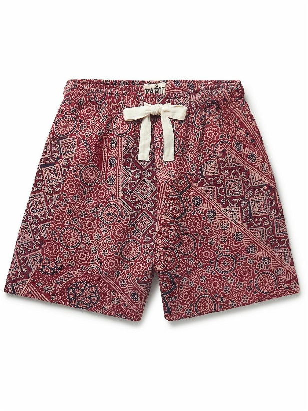 Photo: Karu Research - Straight-Leg Pleated Embroidered Printed Cotton Drawstring Shorts - Purple