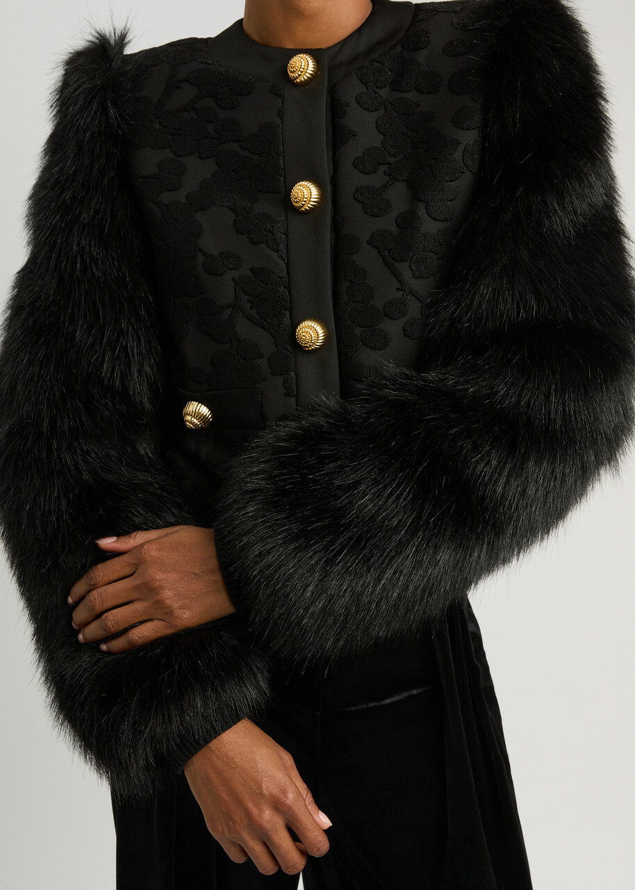 Balmain Floral Jersey and Faux fur Jacket Black Balmain