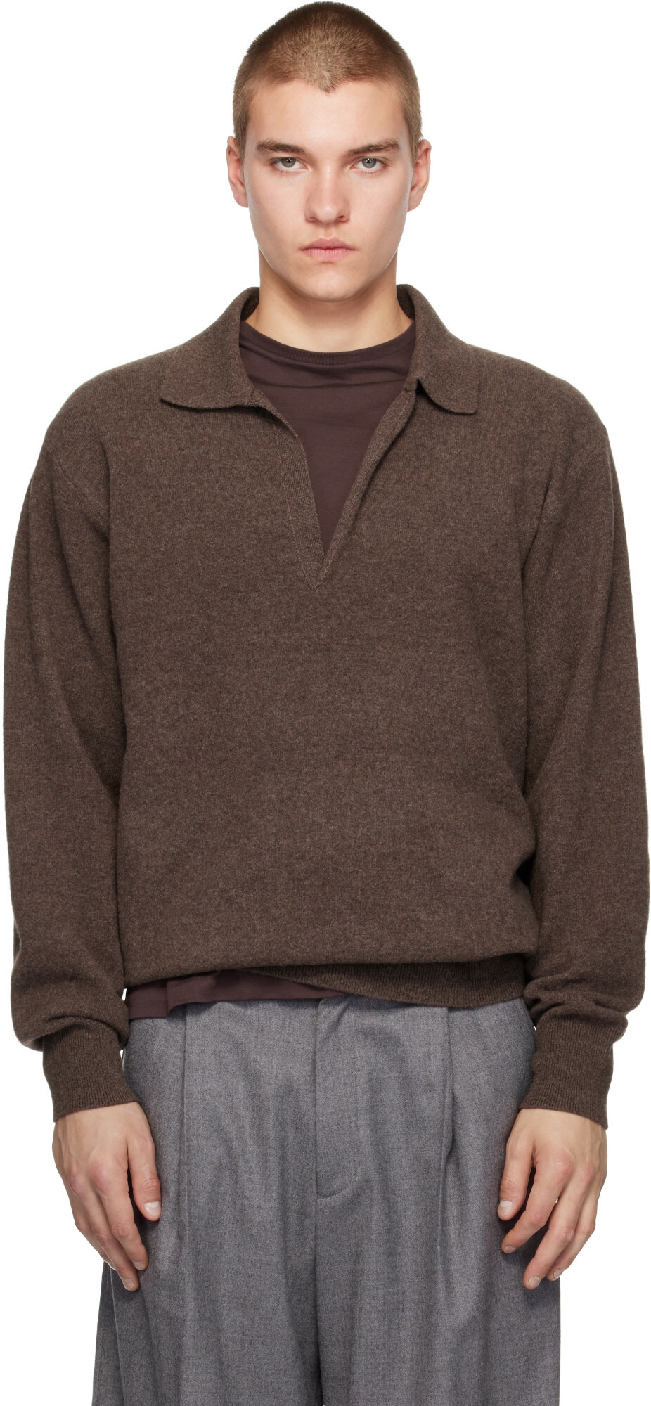 ssstein Brown Extra Fine Wool Knit Skipper Sweater