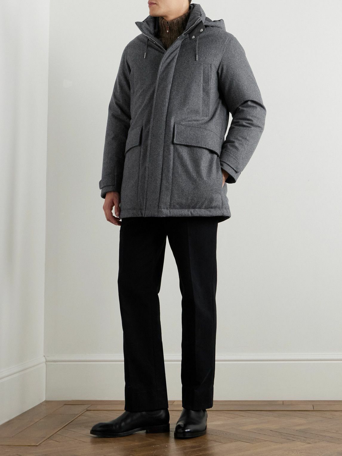Zegna - Suede-Trimmed TECHMERINO™ Wool Hooded Down Parka - Gray
