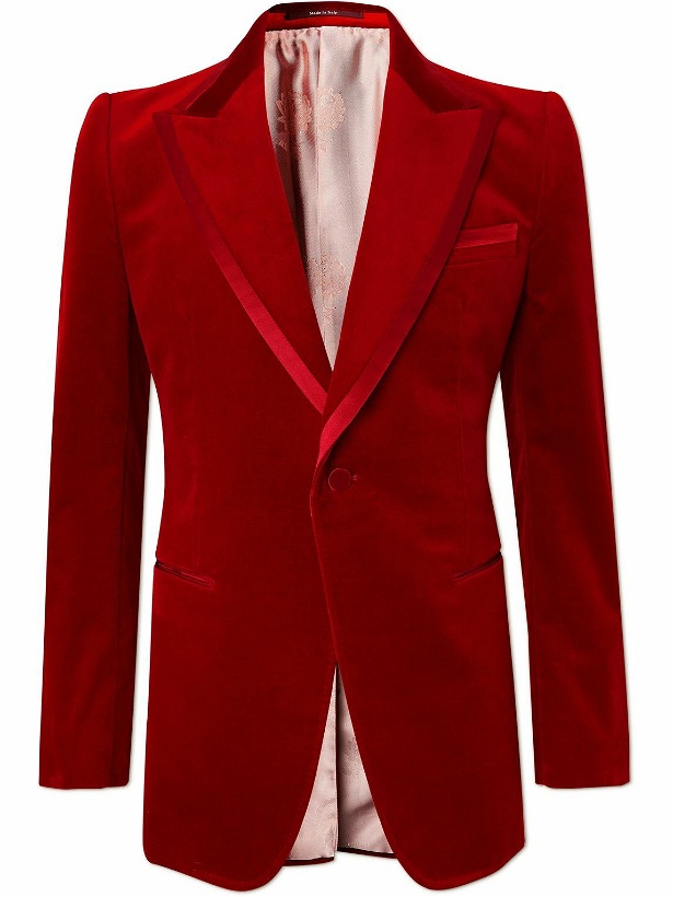Photo: GUCCI - Slim-Fit Silk Satin-Trimmed Cotton-Blend Velvet Tuxedo Jacket - Red