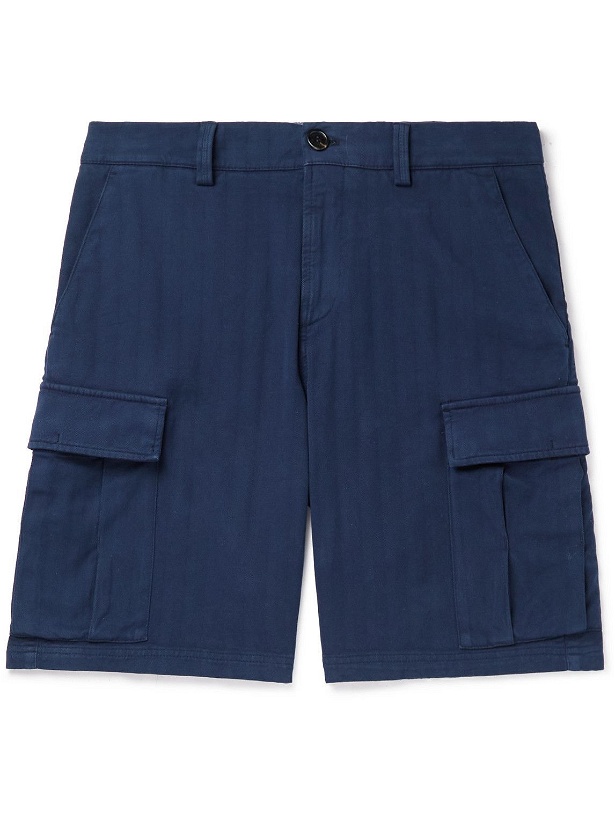 Photo: Brunello Cucinelli - Straight-Leg Garment-Dyed Herringbone Cotton-Blend Cargo Shorts - Blue