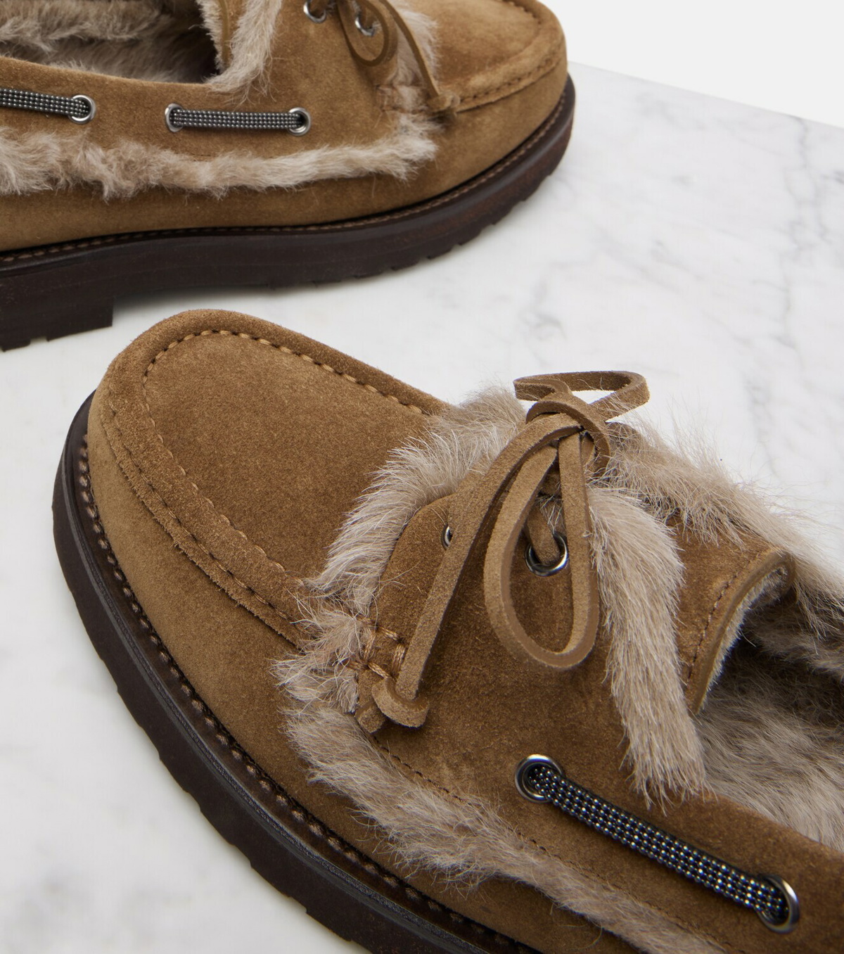 Brunello Cucinelli Shearling-lined suede boat shoes
