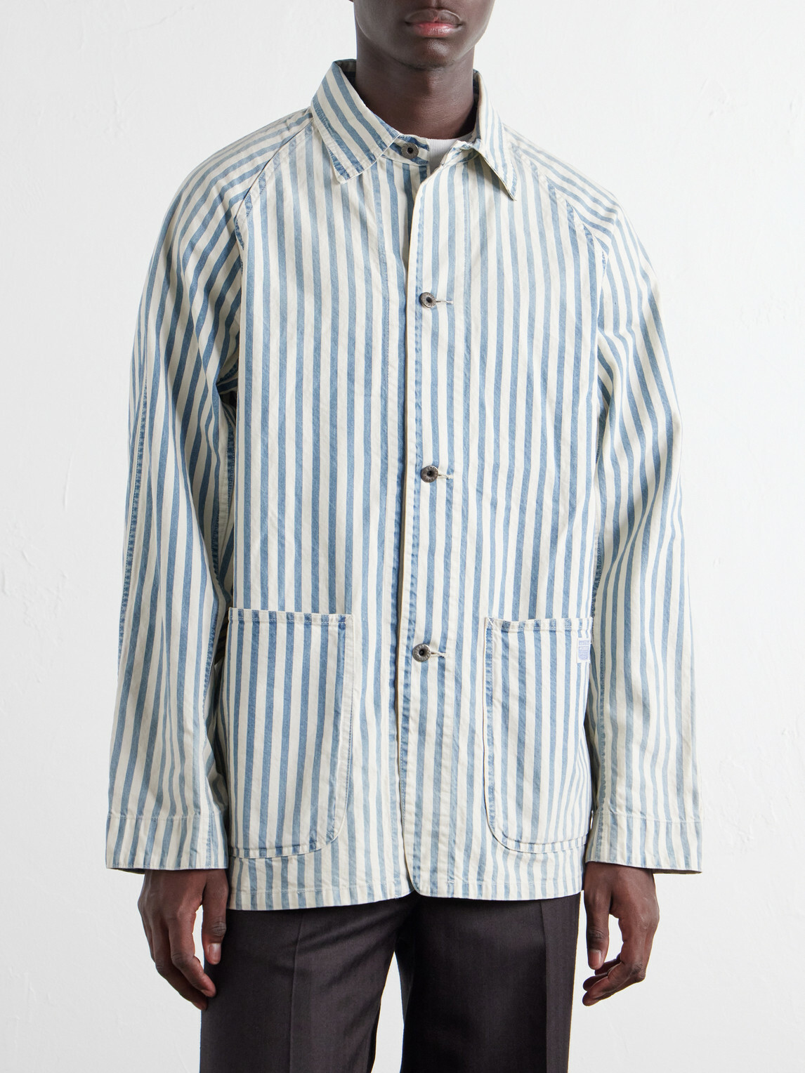 KAPITAL - Logo-Appliquéd Striped Cotton-Twill Overshirt - Blue