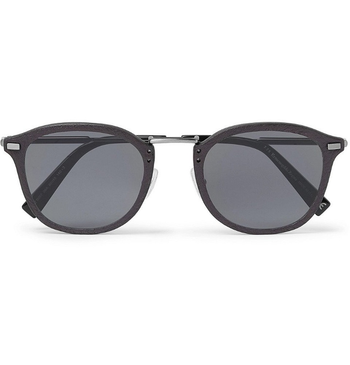Photo: Ermenegildo Zegna - D-Frame Leather-Trimmed Acetate and Gunmetal-Tone Sunglasses - Men - Gray