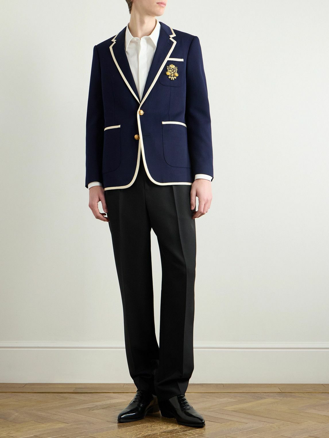 CELINE - Slim-Fit Logo-Appliquéd Piped Wool-Twill Blazer - Blue