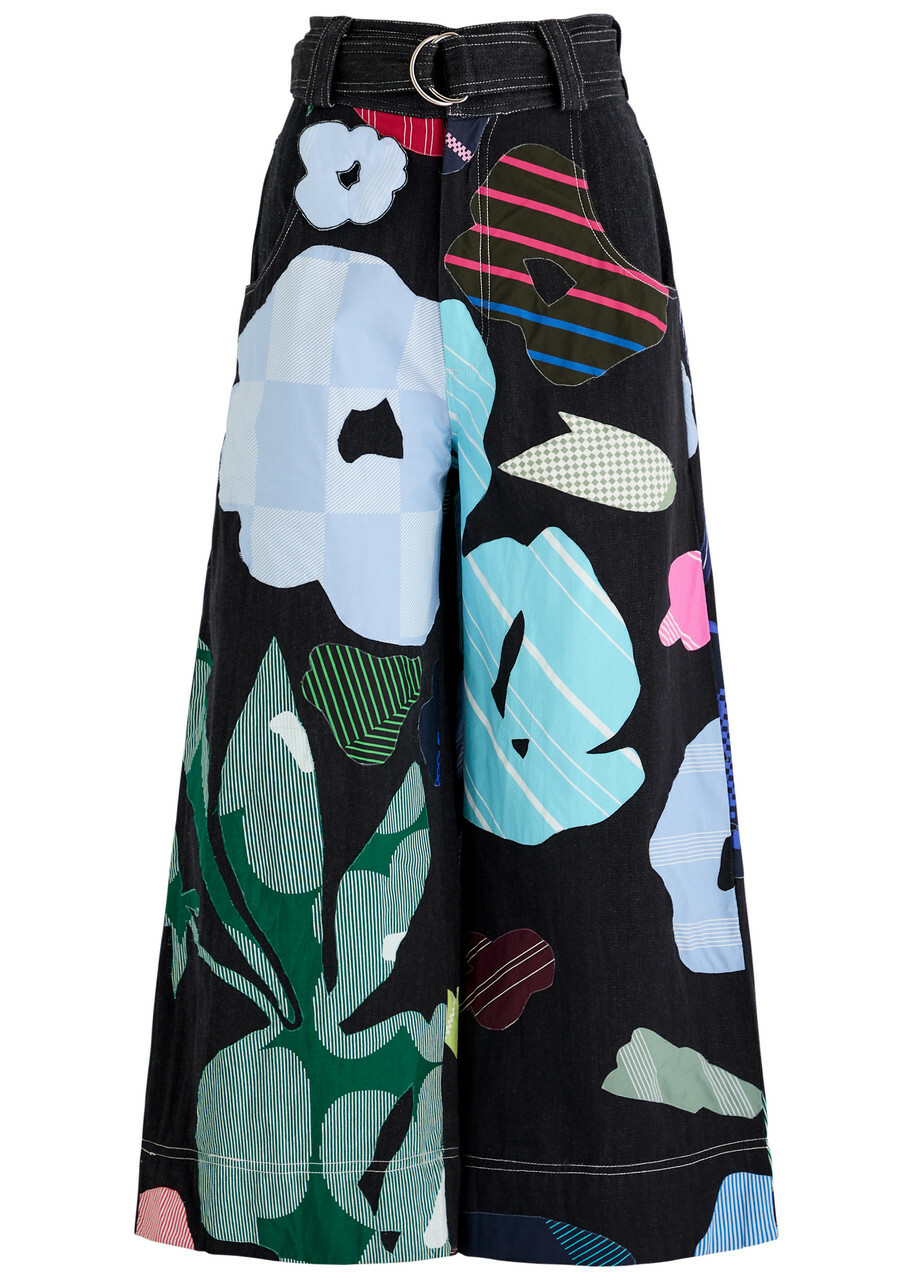 Lovebirds Printed and Appliquéd Chambray Trousers Black