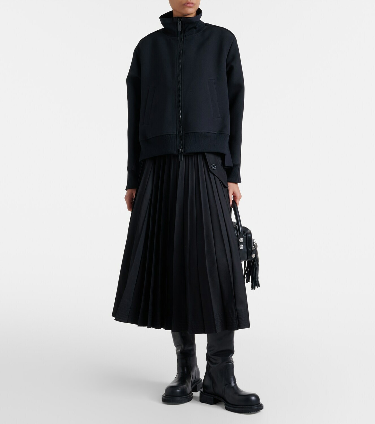 Sacai Belted cotton-blend gabardine midi skirt
