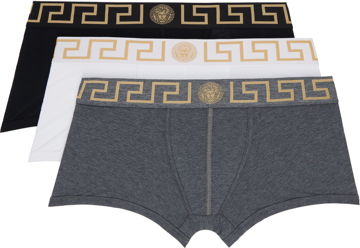 Photo: Versace Three-Pack Multicolor Greca Border Boxer Briefs