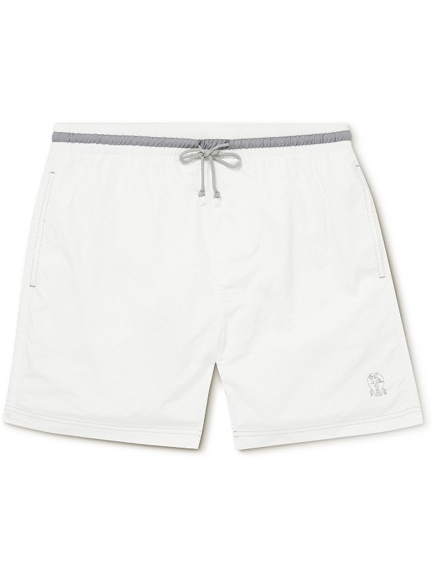 Photo: Brunello Cucinelli - Straight-Leg Mid-Length Logo-Embroidered Swim Shorts - White