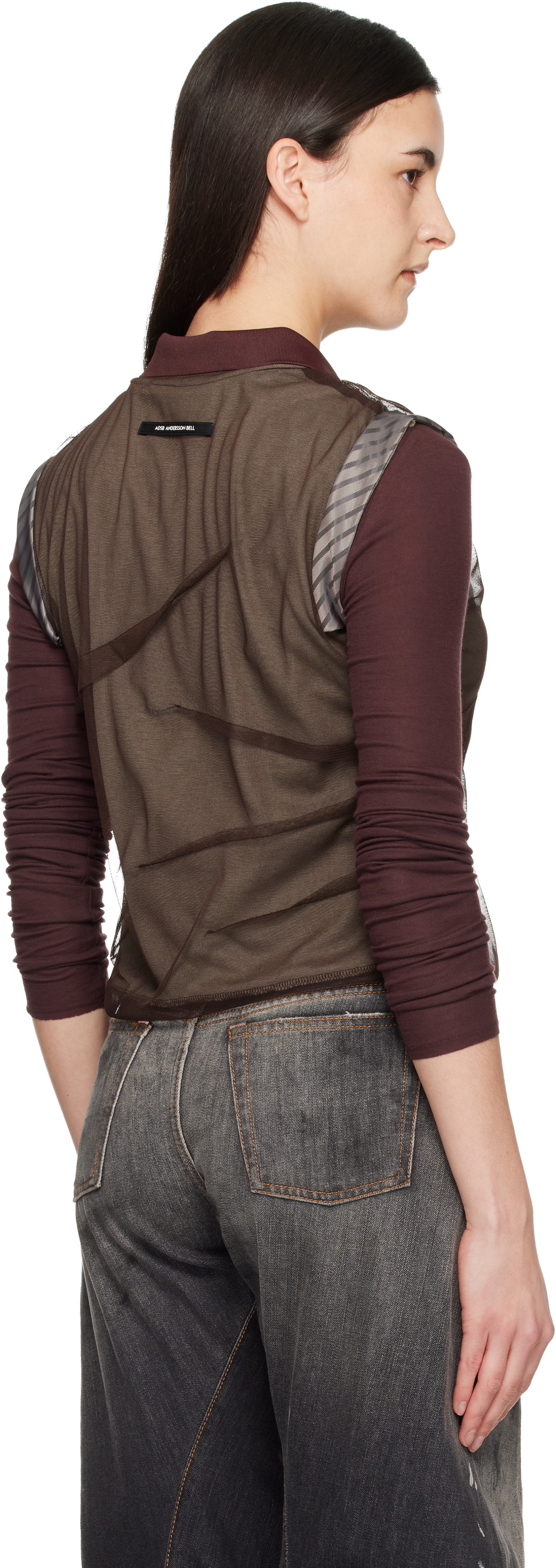 Andersson Bell Brown Layered Mesh Tuck & Dart Top