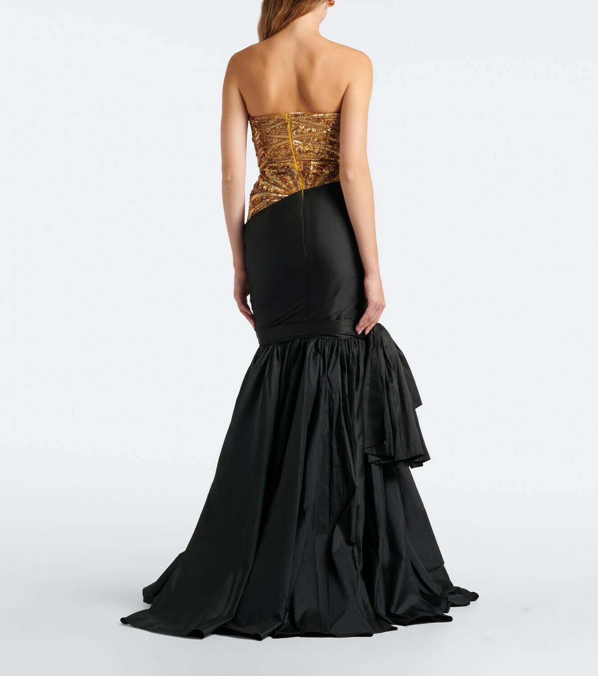 Là Fuori Gilded Geo draped sequined bustier gown