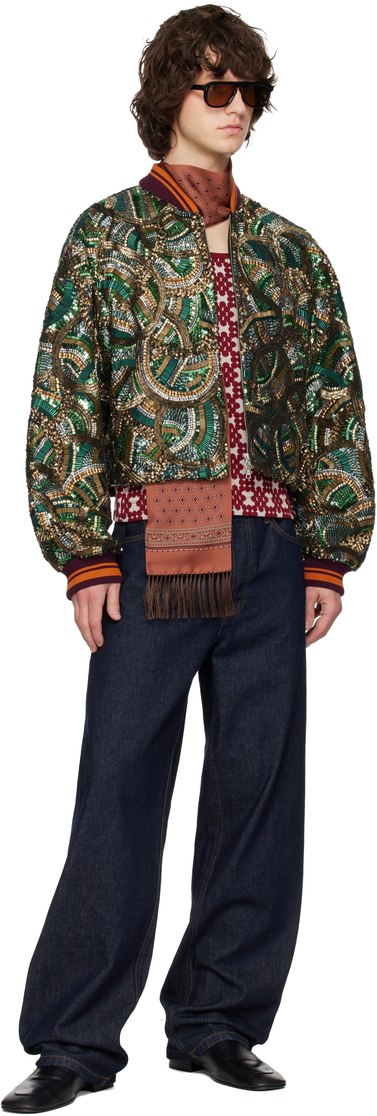Dries Van Noten Green Embroidered Bomber Jacket