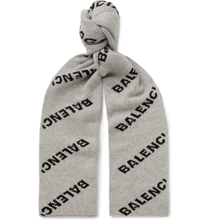 Photo: Balenciaga - Logo-Jacquard Virgin Wool and Camel Hair-Blend Scarf - Gray