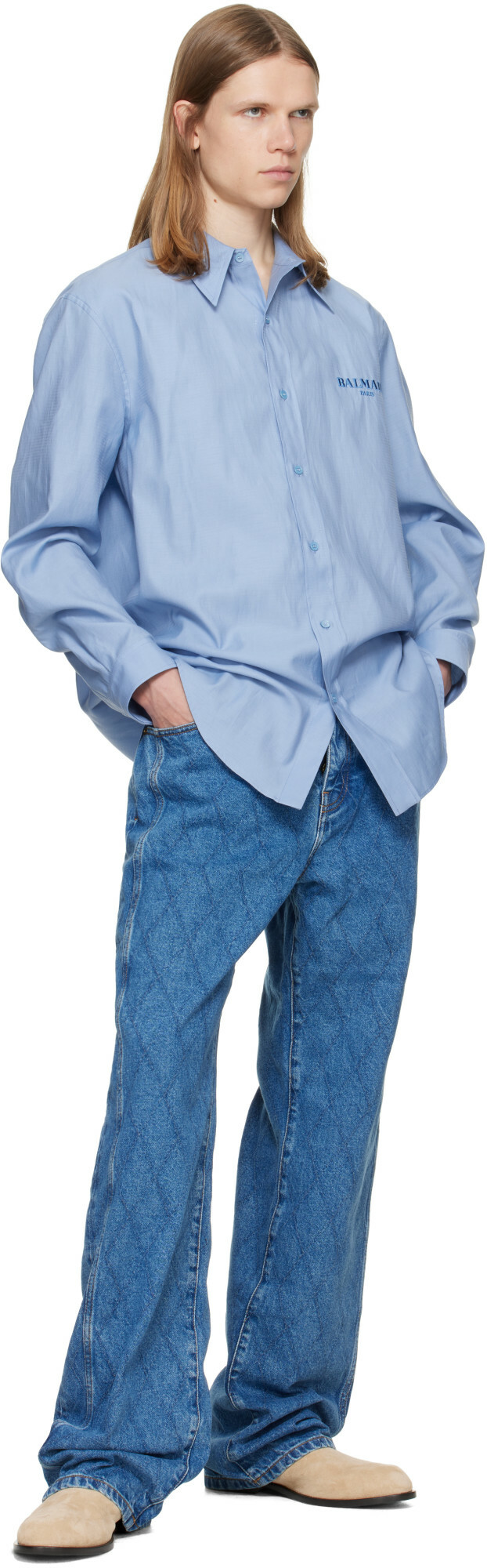 BALMAIN Blue Herringbone Poplin Regular Shirt