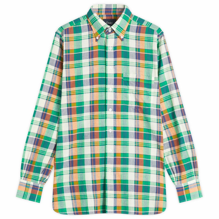 Photo: Drake's Men's Madras Button Down Shirt in Green/Orange/Blue