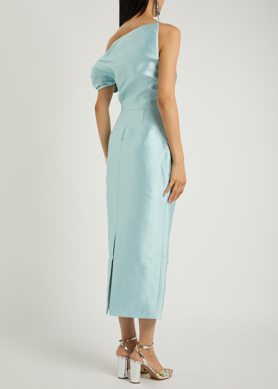 Solace London Ellison One-shoulder Faille Midi Dress Light Blue